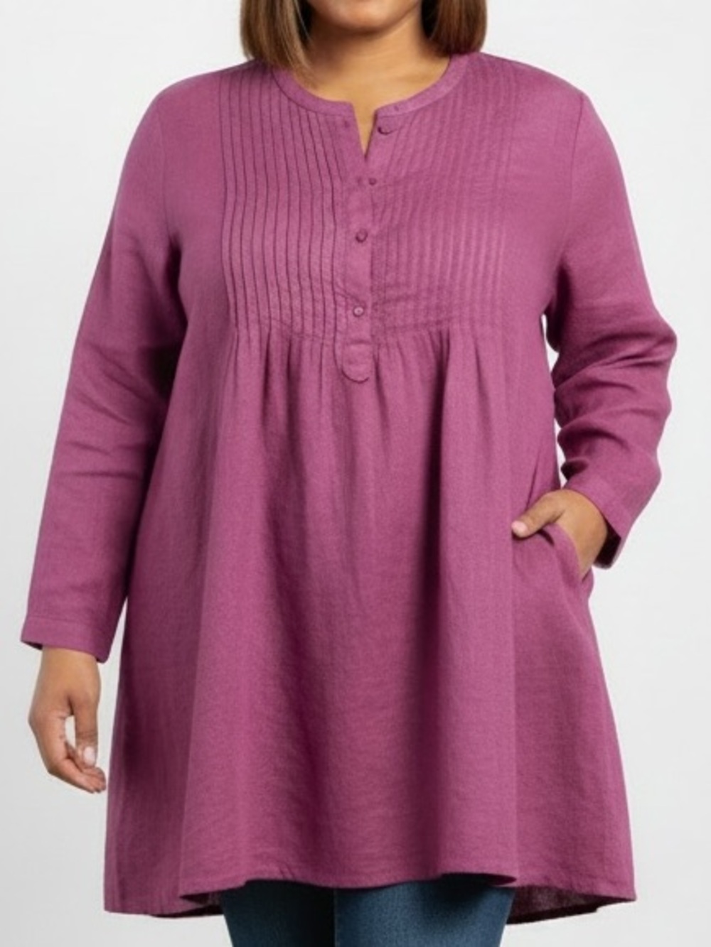 BLUNAUTA | Berry Long Sleeve Pintuck Linen Tunic Top Large Henley Lagenlook
